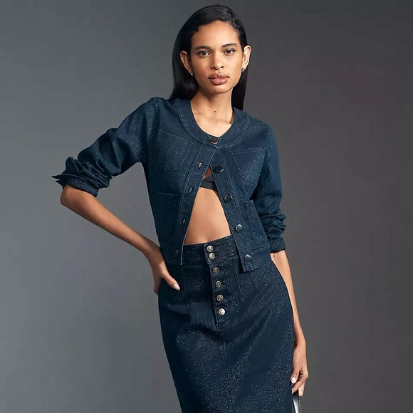 Anthropologie Maeve Cora Patch Pocket Jacket Sparkle Denim Edition - Picture 7 of 12